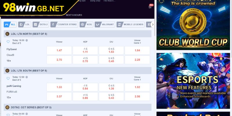 E-sports 98WIN - Sảnh Cược Thể Thao Điện Tử Đẳng Cấp 2025 1 Khám phá sảnh E-sports 98WIN