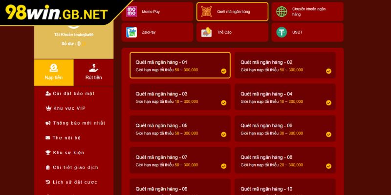 Nạp Rút Tiền 98win 2 Giao dịch qua QR Code